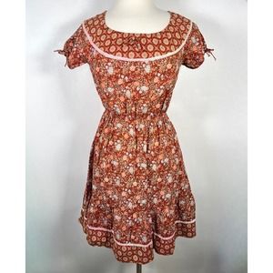 Vintage The Beaux Age Floral Lace Trim Dress 6/8 Brown Orange Fit & Flare *Read